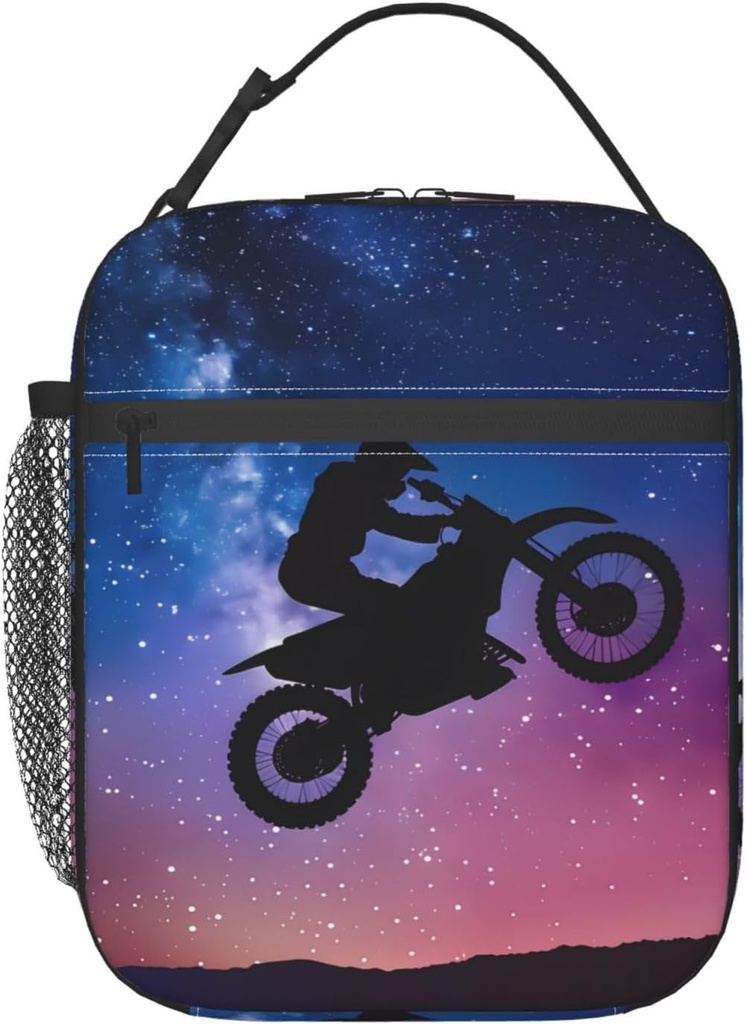 Motocross Lunch Box for Women Adults Kids, Insulated Cooler Lunch Bag for Picnic, School, Office, Travel, Work, Portable Reusable Polyester Tote Thermal Lunch Bags (Galaxy Motorcycle)
