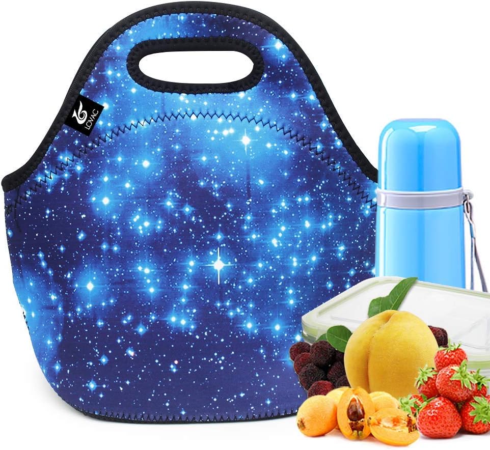 LOVAC Neoprene Lunch Bags,Reusable Lunch Tote,Durable and Waterproof Lunch Bag,Insulated Soft and Lightweight (Blue Stars)