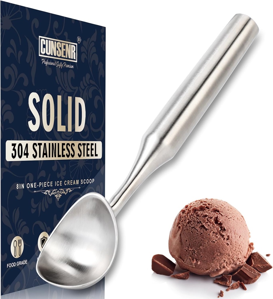 Stainless Steel Ice Cream Scoop - Heavy Duty Ice Cream Scooper with Ergonomic Handle - One-Piece Metal Ice Cream Spoon for Gelato, Sorbet, Cookies - Durable, Easy to Use & Dishwasher Safe
