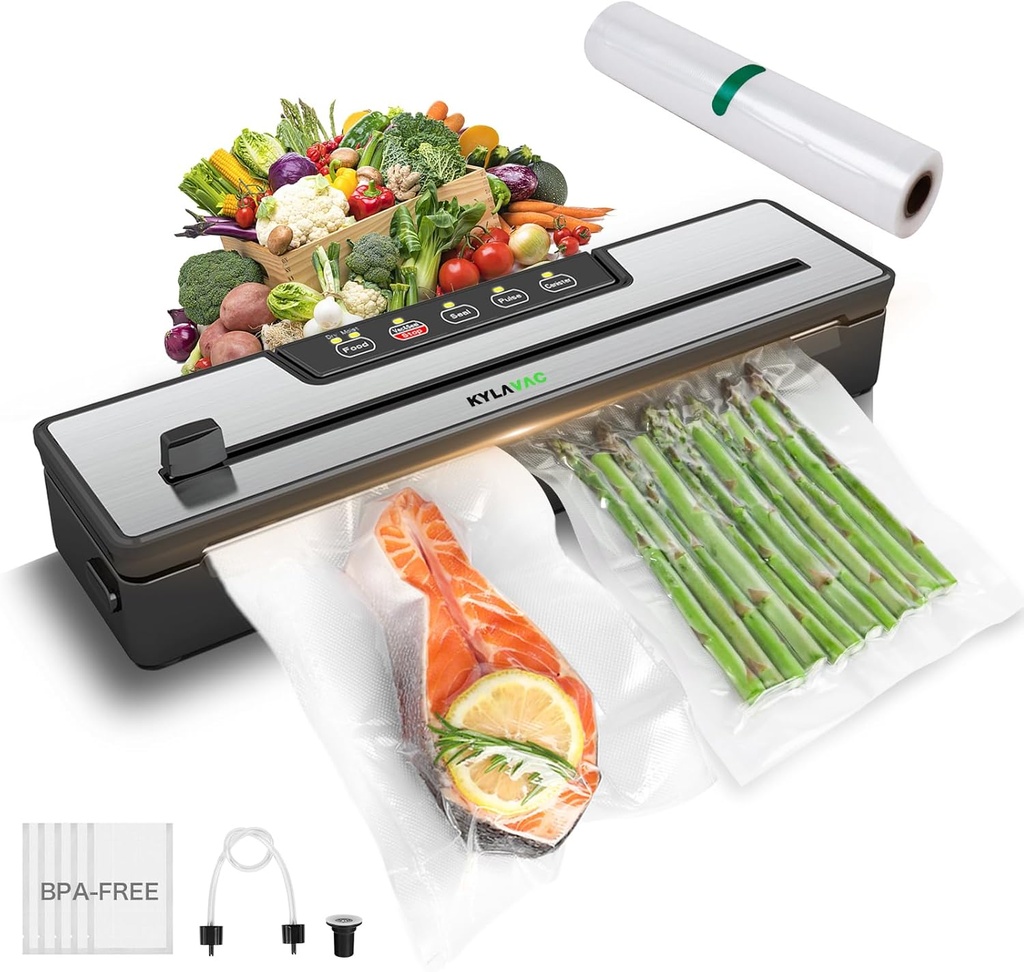 80Kpa Powerful Food Vacuum Sealer, Automatic 8-in-1 with Dry & Moist Modes, Leak-Proof Seal Technology, Includes Bags & Cutter - Silver