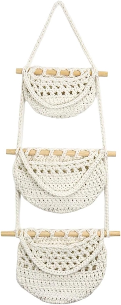 3 Tier Hanging Basket for Fruits Vegetable Potato Handwoven Kitchen Storage Beige 10", 12", 13" x 35"