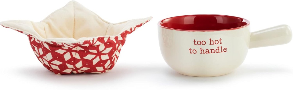 DEMDACO Too Hot To Handle White 16 Ounce Soup Crock and Pot Holder Bowl Cozy Set of 2