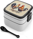 Adult Double-Layer Bento Box Rooster And Hen Portable Lunch Box with Spoon And Invisible Handle Leakproof Microwave-Safe Food Container for Work Travel Camping