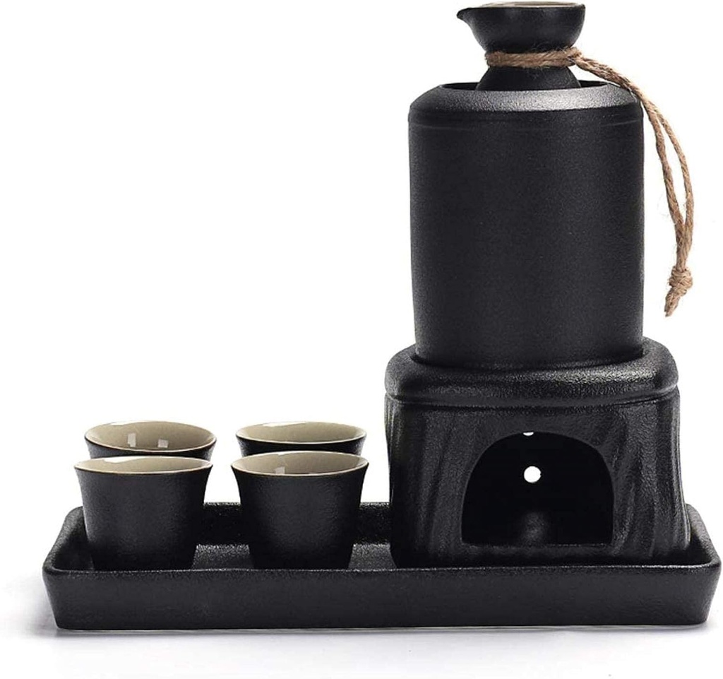 8-Piece Sake Set with Tray and Warming, Black Ceramic Wine Glass Set, Quaint Texture Sake Set for Warm/Cold Sake Service, Gift for Family and Friends