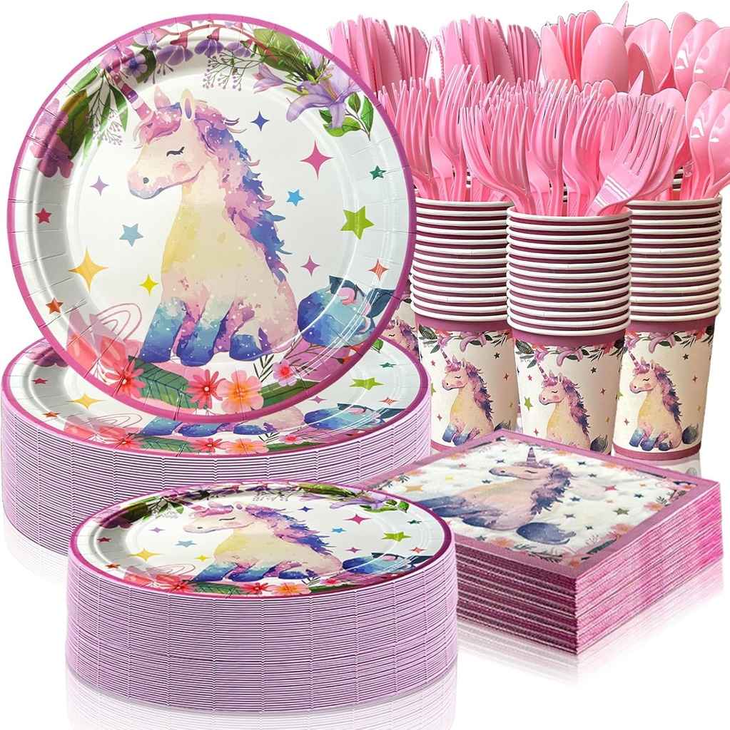 350 PCS Unicorn Birthday Plates and Napkins Sets Includes Disposable Plates Dessert Plates Napkins Cups Plastic Knives Forks Spoons Disposable Dinnerware Set For Unicorn Party (50 Guest)