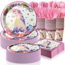 350 PCS Unicorn Birthday Plates and Napkins Sets Includes Disposable Plates Dessert Plates Napkins Cups Plastic Knives Forks Spoons Disposable Dinnerware Set For Unicorn Party (50 Guest)