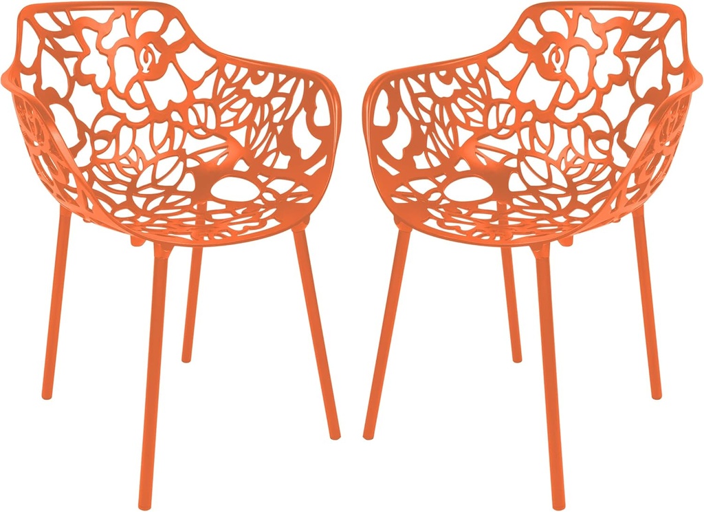 LeisureMod Modern Aluminum Stackable Patio Dining Armchair Set of 2, Orange