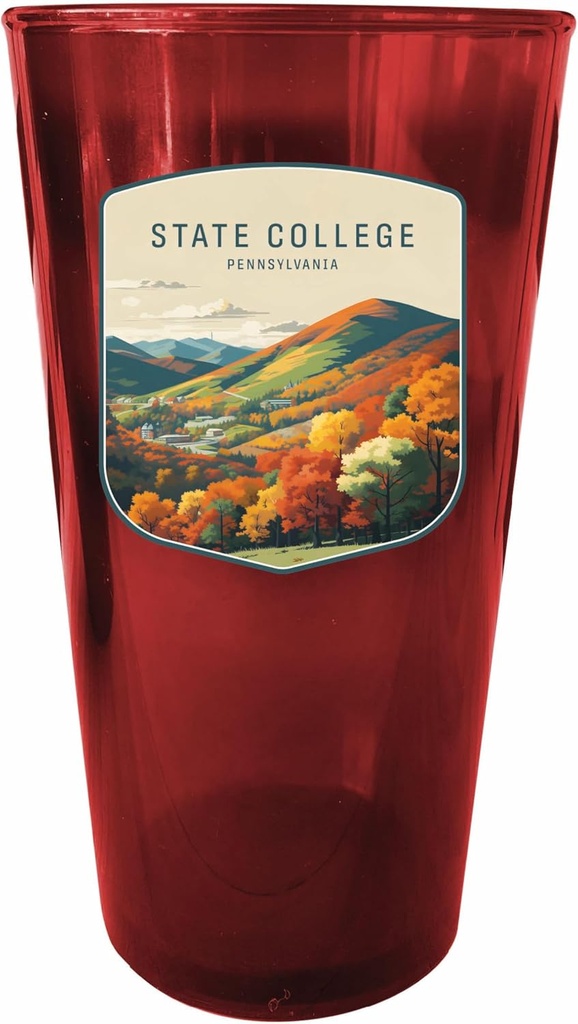 R and R Imports State College Pennsylvania Autumn Mountains Design Souvenir Plastic 16 oz pint Red 4-Pack
