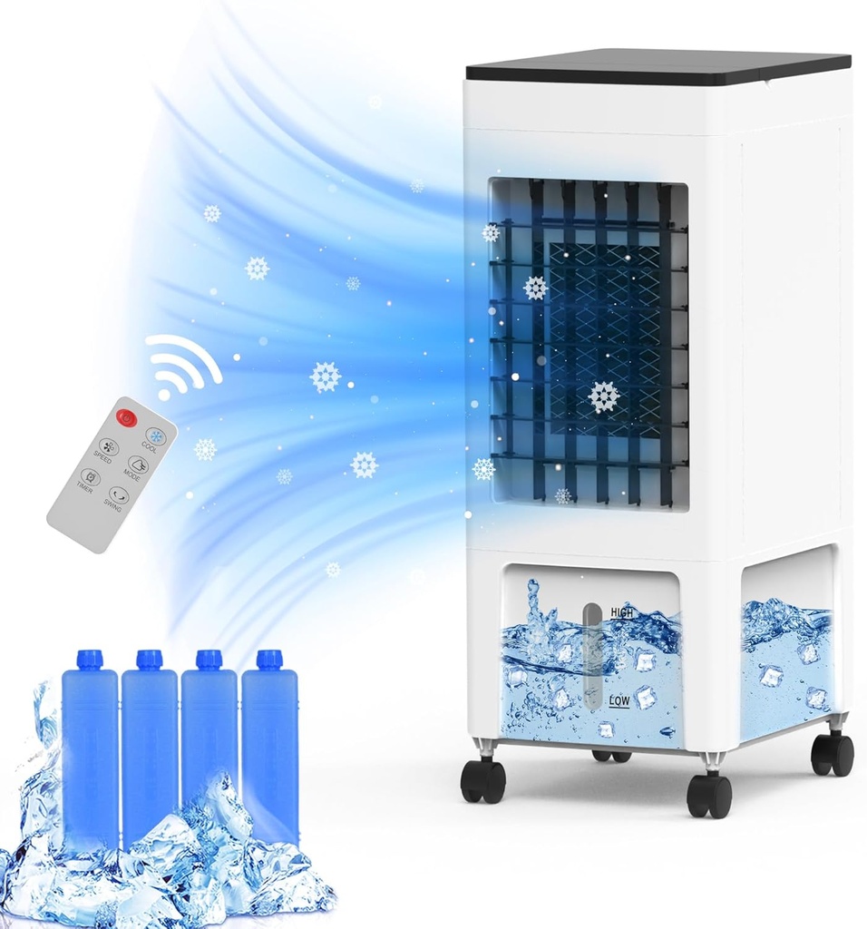 ADVWIN Evaporative Air Cooler, Swamp Cooler Air Conditioners Portable, 2.1 Gal Water Tank, Timer, 70°Oscillation, 3 Speed, Windowless Air Cooler Fan with 4 Ice Packs, for Bedroom Office