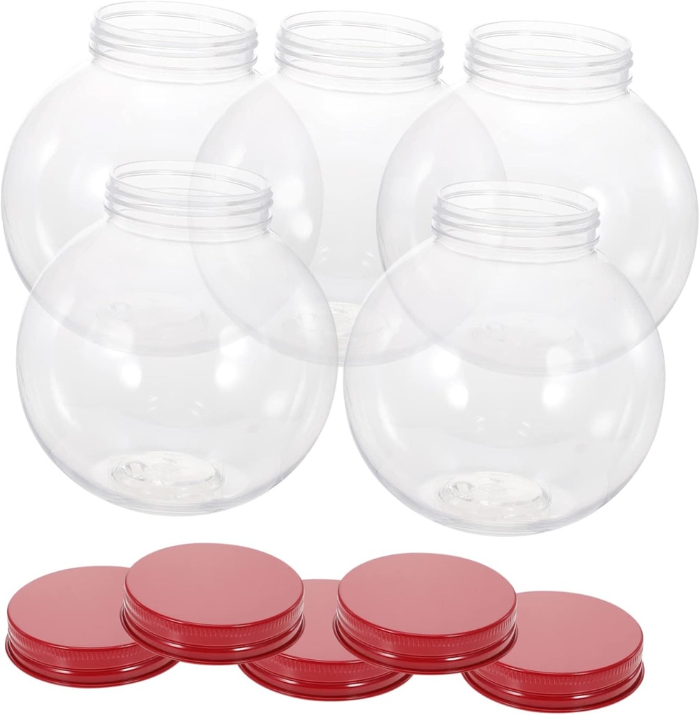 Healifty 5pcs Ball Shaped Candy Jars with Red Sealed Lids Xmas Candy Storage Containers for Christmas Party Treats Gift Packaging