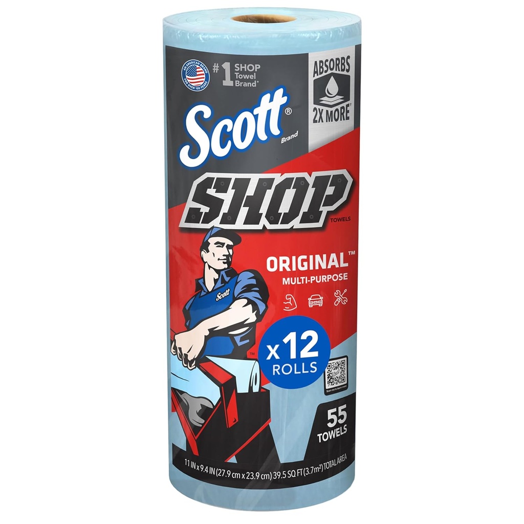 Scott Shop Original Blue Towels (75147), 9.4"x11" Cloth-like Paper Towel (12 Rolls of 55 Sheets, 660 Sheet Total)