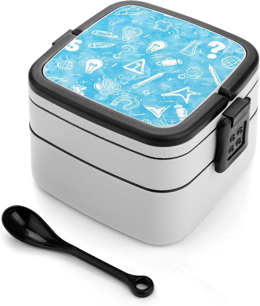 Light Blue Doodle Bento Box with Compartments Double Layer Bento Lunch Box with Spoon And Handle All-in-One Adult Lunchbox Leakproof Lunch Container for Work Picnic Travel