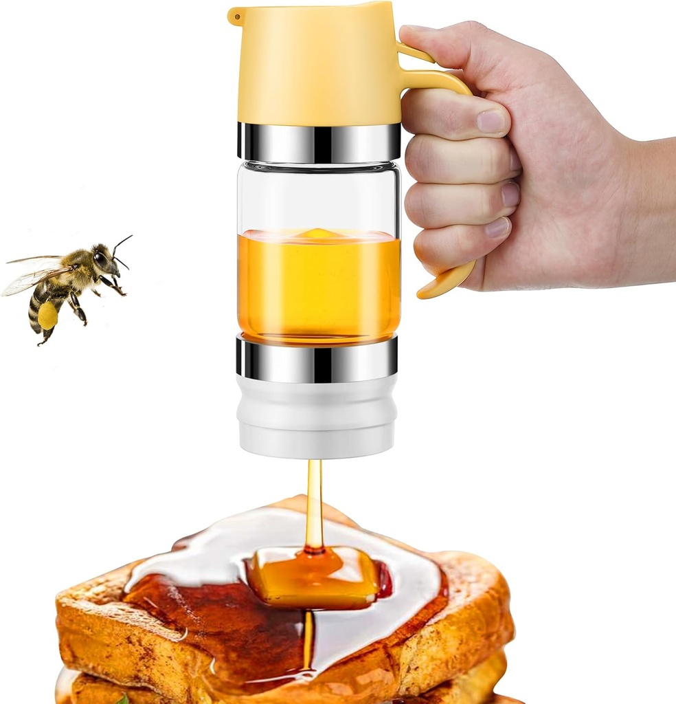 Glass Honey Dispenser Pot, No Drip 10 OZ Honey Jar with Handle, Durable Clear Maple Syrup Dispenser Dripper with Silicone Base and Stainless Steel Top for Coffee, Tea or Bread(Yellow)