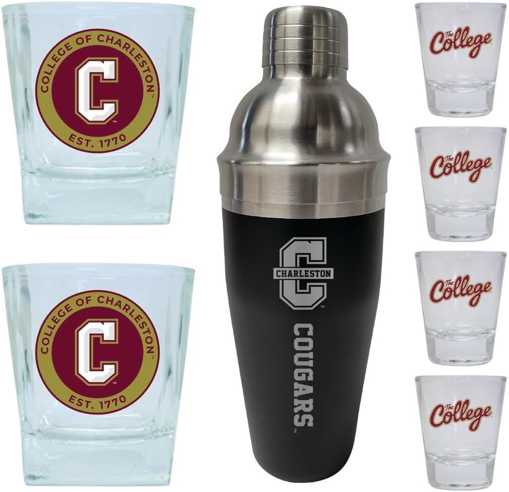 R and R Imports Cougars of Charleston Officially Licensed Collegiate Barware Set – 7-Piece Cocktail & Whiskey Glass Gift Pack