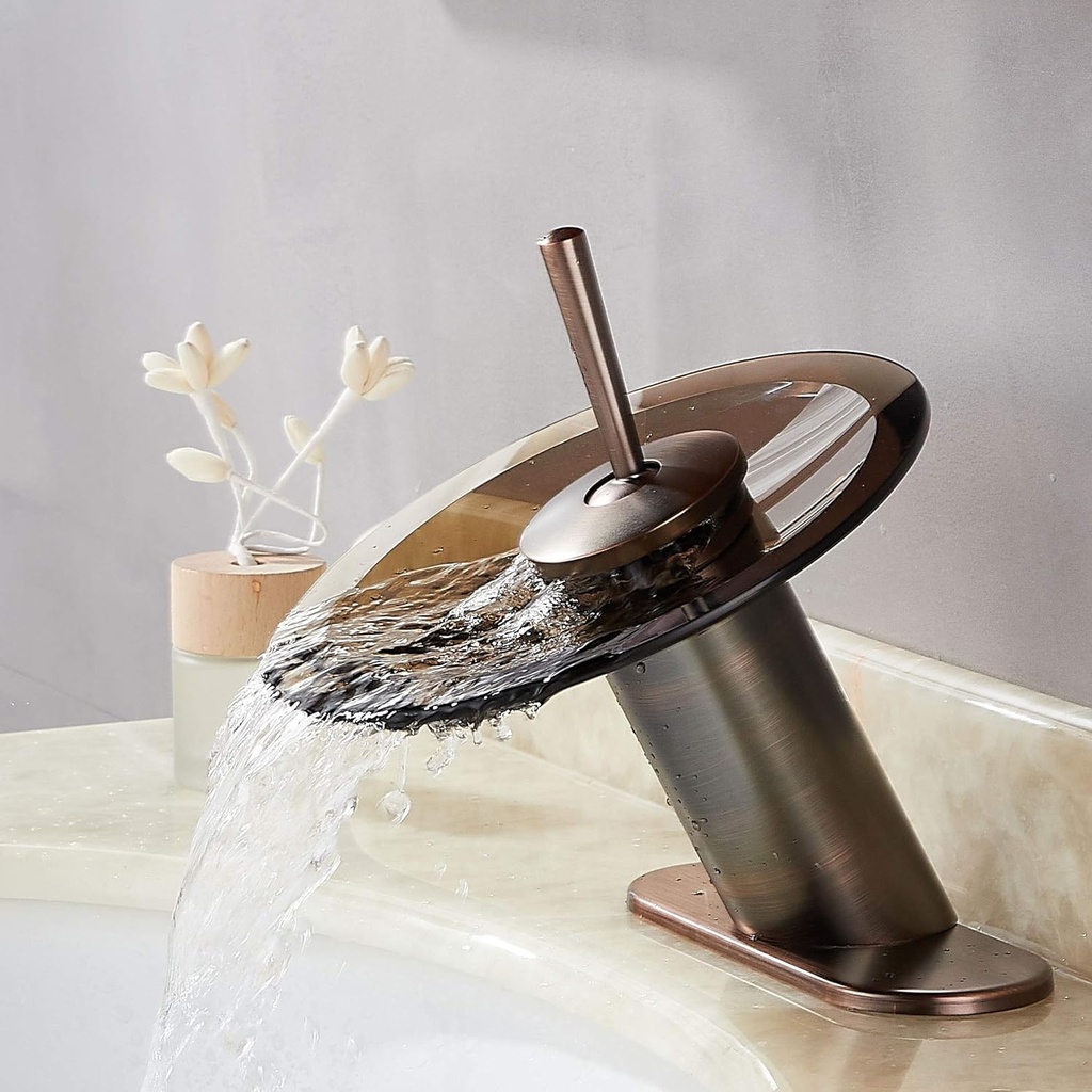 Waterfall Bathroom Sink Faucet Unique Brass Modern Circle Glass Waterfall Faucet for Basin Vanity Single Hole Pedestal Sink Faucets One Handle Corner Sink Bathroom Faucet, Oil Rubbed Bronze