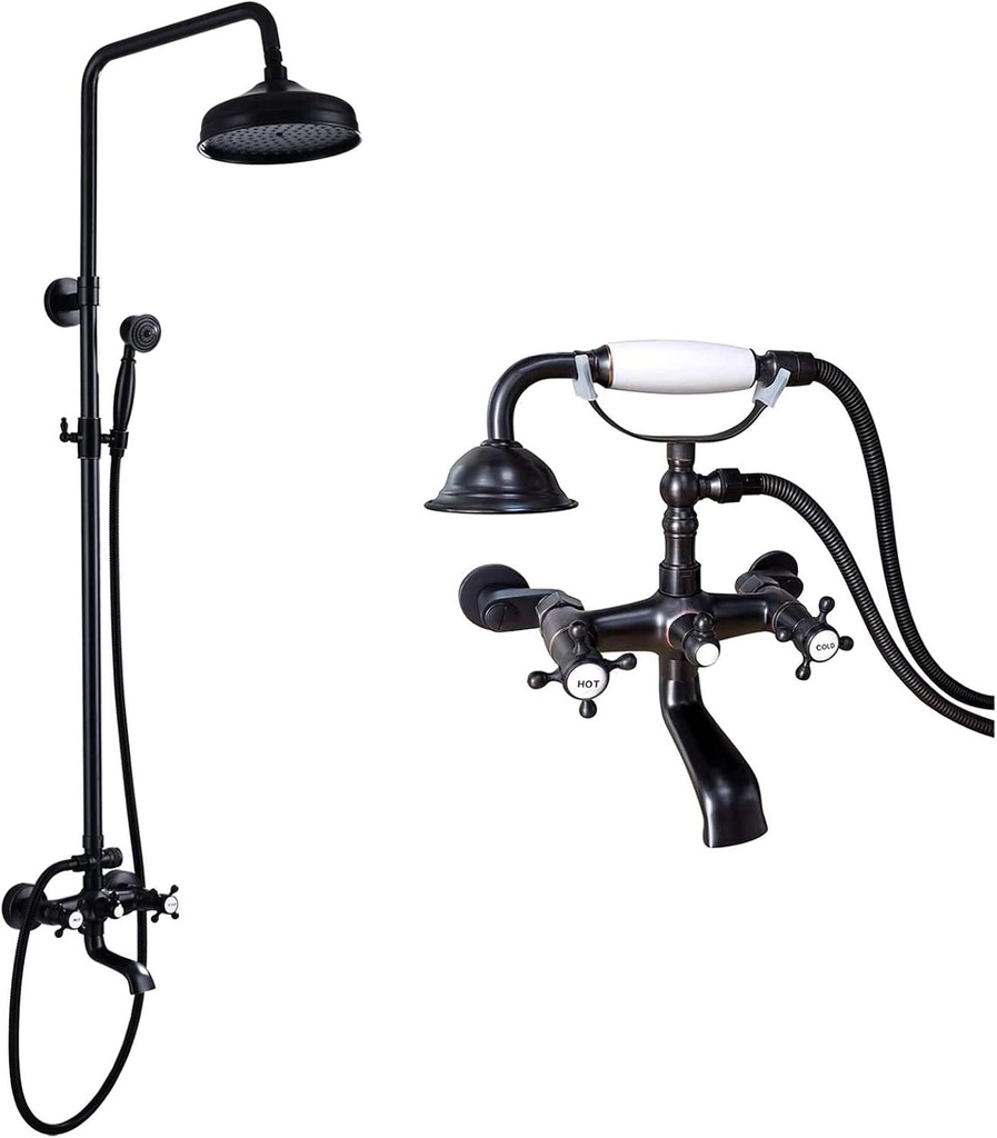 Oil Rubbed Bronze Bathroom Luxury Shower Faucet Rain Mixer 8 Inch Round Head Double Cross Handle with Matching Oil Rubbed Bronze Clawfoot Bathtub Faucet Wall Mount with Hand Held Shower Faucet Set