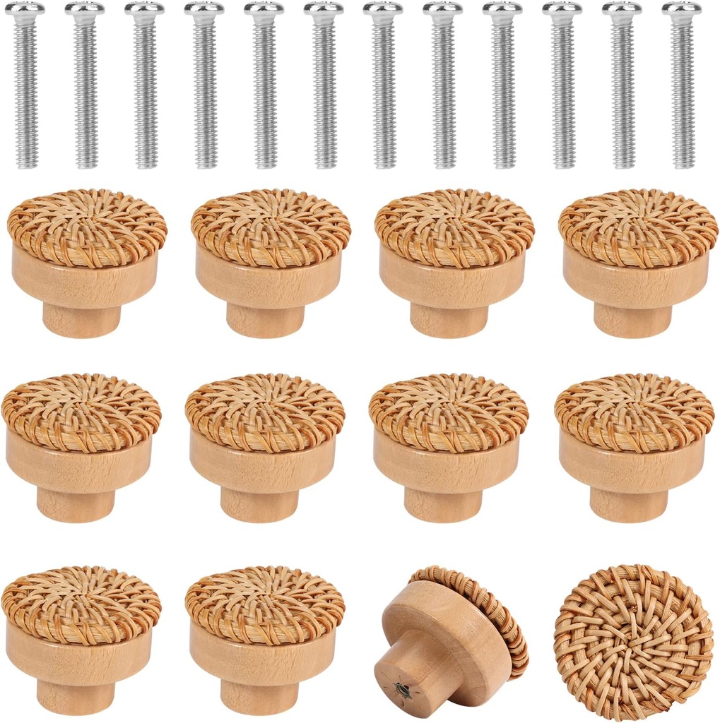 12pcs Wood Drawer Knobs, Door Knobs Round Boho Rattan Drawer Pulls with 24 Screws for Cabinets Dresser Handles Boho Wood Furniture