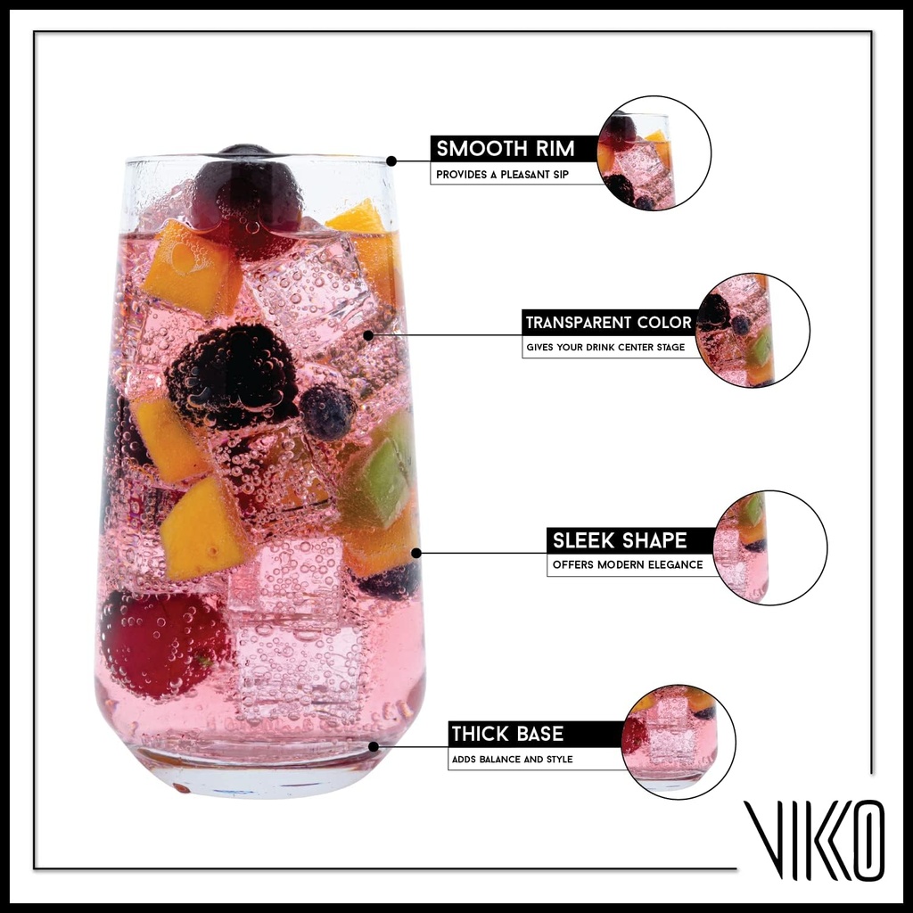 Vikko Drinking Glasses Set of 6, Highball Water Glasses 16.25 Ounce, Premium Tall Drinking Glass, Dishwasher Safe Drinking Ware