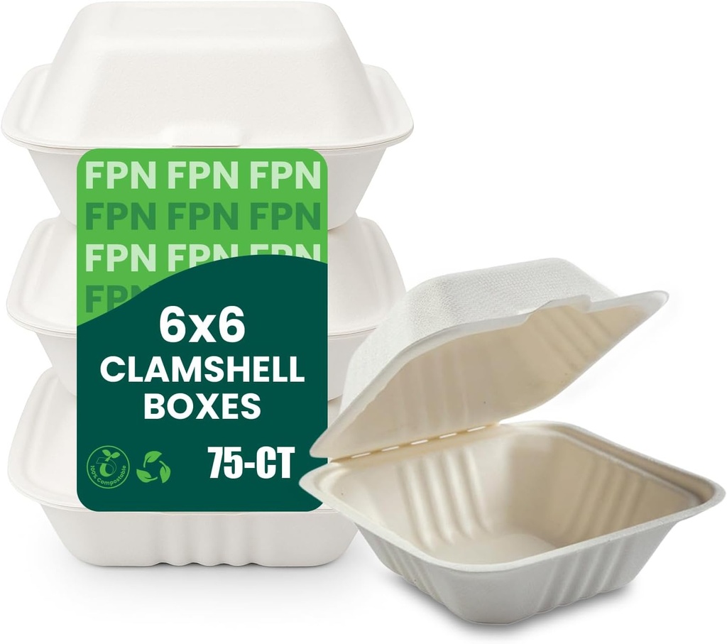 FPN Compostable Takeout Boxes 6x6-75 Ct | Eco-Friendly Clamshell Paper Containers for Food | Biodegradable To-Go Boxes, Disposable Lunch Boxes for Restaurants, Catering, Meals, Microwave-Safe