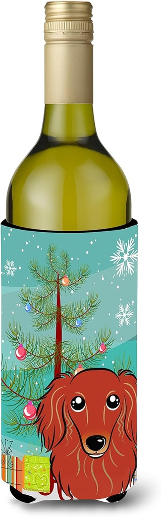 Caroline's Treasures BB1586LITERK Christmas Tree and Longhair Red Dachshund Wine Bottle Hugger Bottle Cooler Sleeve Hugger Machine Washable Collapsible Insulator Beverage Insulated Holder
