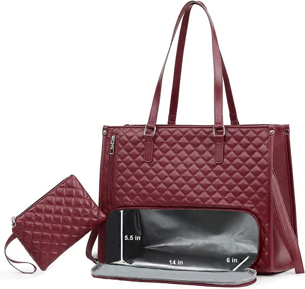 Lunch Tote Bag for Women,15.6'' Laptop Work Bag with Insulated Lunch Box Compartment,Large Capacity Quilted Computer Handbag