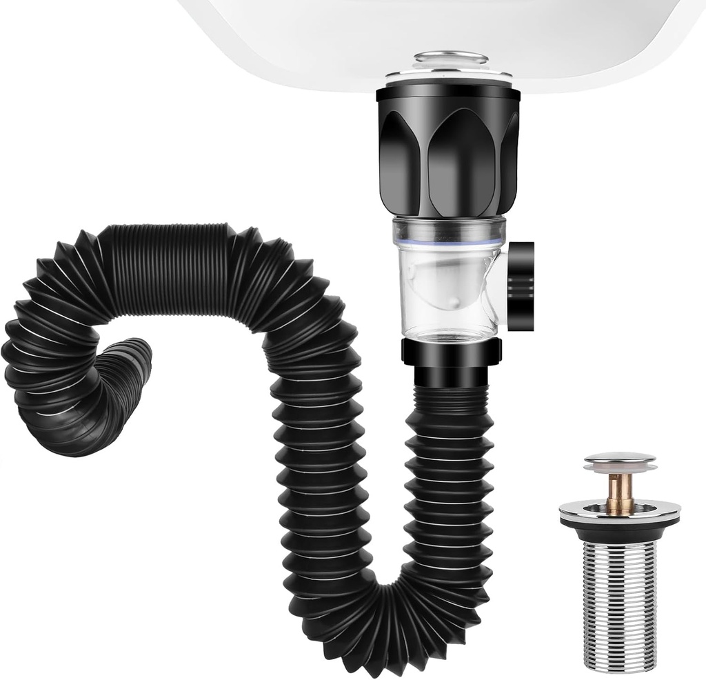 No Need Tools Easy Install Bathroom Sink Drain Kit, 3 in 1 Plumbing, Fits for 1-1/4'' & 1-1/2'' Drain Hole, RV Bathroom Sink Drain Strainer Cover Stopper p trap Flex-drain Drainage Pipe Drain Pipe