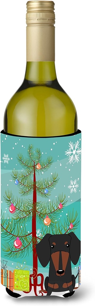 Caroline's Treasures BB4257LITERK Merry Christmas Tree Dachshund Black Tan Wine Bottle Hugger Bottle Cooler Sleeve Hugger Machine Washable Collapsible Insulator Beverage Insulated Holder