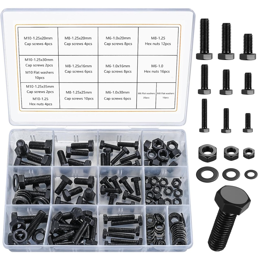 128 Pcs Hex Bolts and Hex Nuts and Washers Assortment Kit, Heavy Duty Metric M6 M8 M10 Hex Bolts and Nuts Set(128 Black)