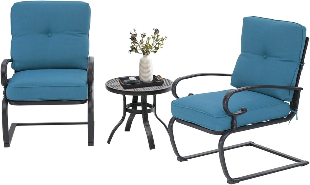 Oakcloud Outdoor Bistro Set 3-Piece Spring Metal Lounge Cushioned Chairs and Bistro Table Set Wrought Iron Cafe Furniture Seat, Blue