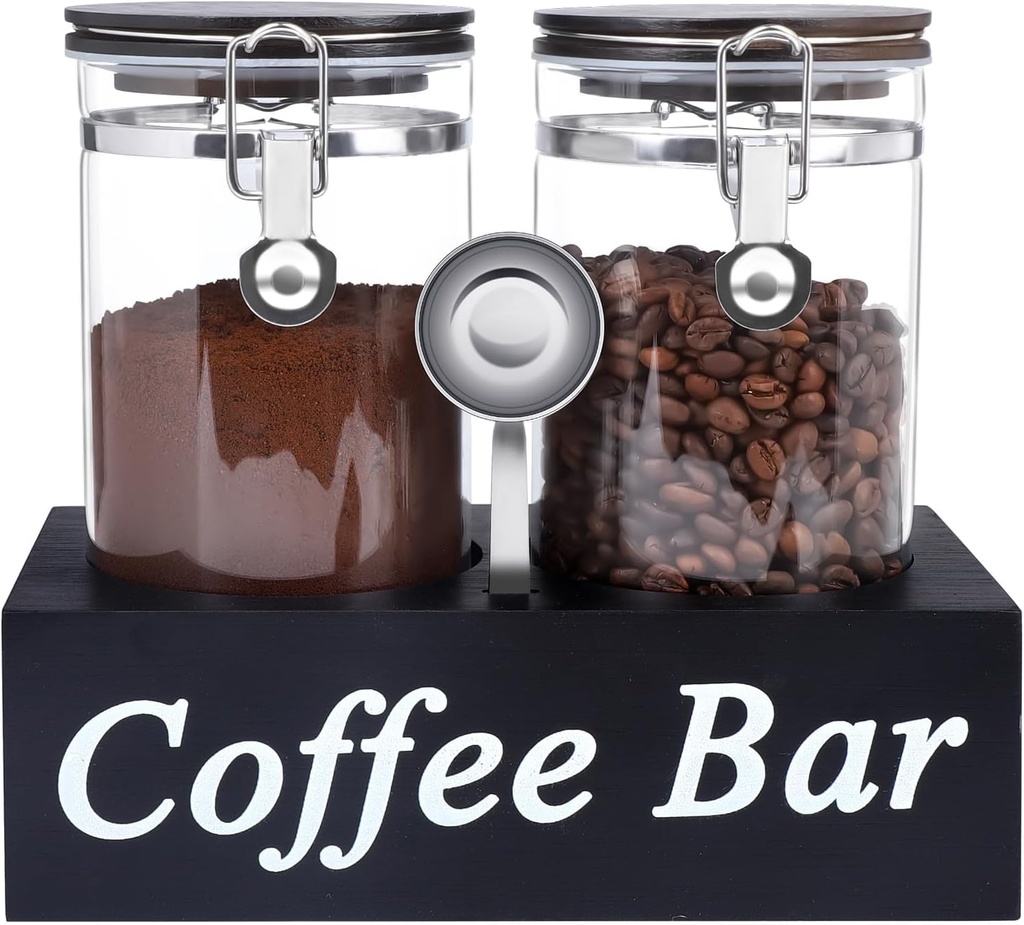 WYTAOHZL 2PCS Glass Coffee Containers with Shelf 54 oz Coffee Station Organizer Glass Bean Storage with Spoon Canister Set Jars with Airtight Locking Clamp for Bean Sugar Nuts