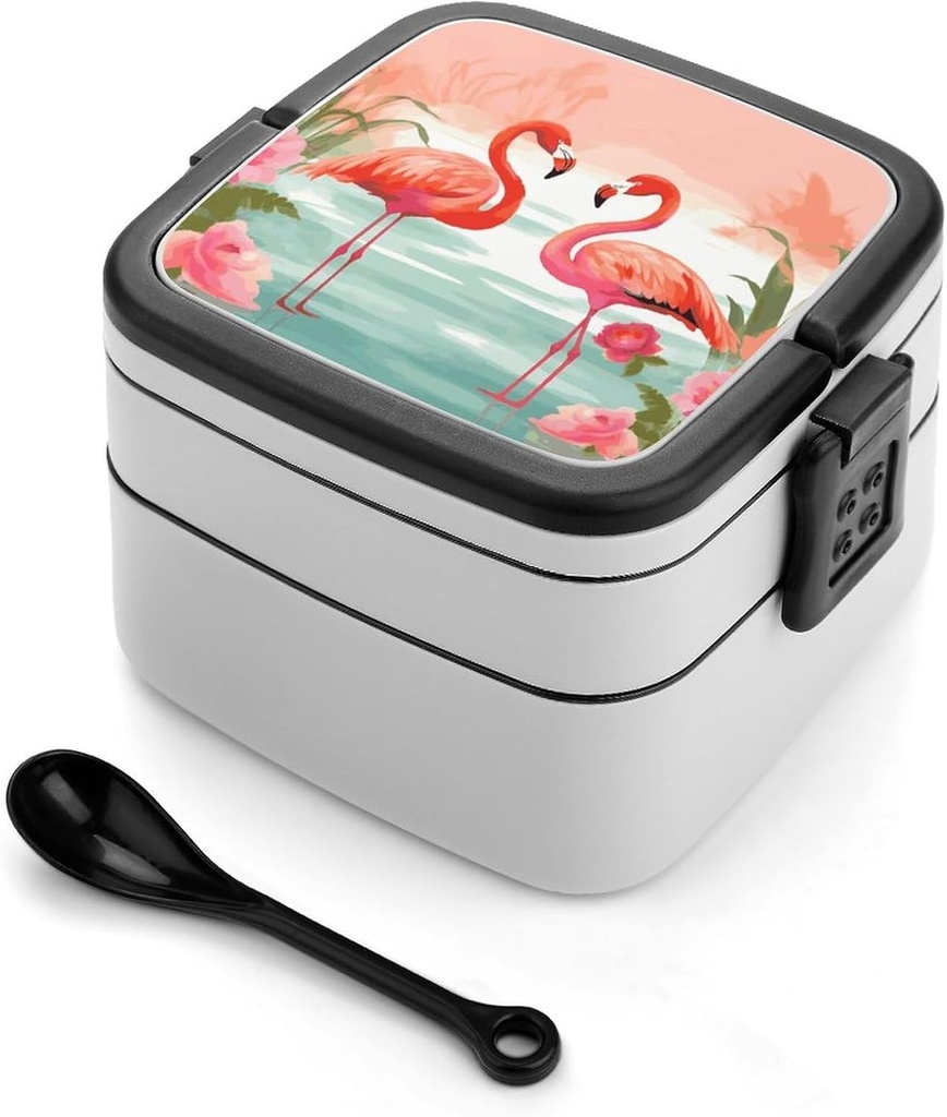 Bento Box Stackable Lunch Box with 2 Compartments Leak-Proof Food Storage Containers Two Red Flamingos Bento Lunch Box for Adults Lunch Containers with Utensil Set, Black