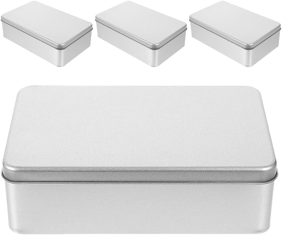 4pcs Metal Tin Box with Lid Cookie Jars Metal Rectangular Tins Portable Storage Box Containers for Storage Drawing Pin Candies Jewelry Crafts Silver