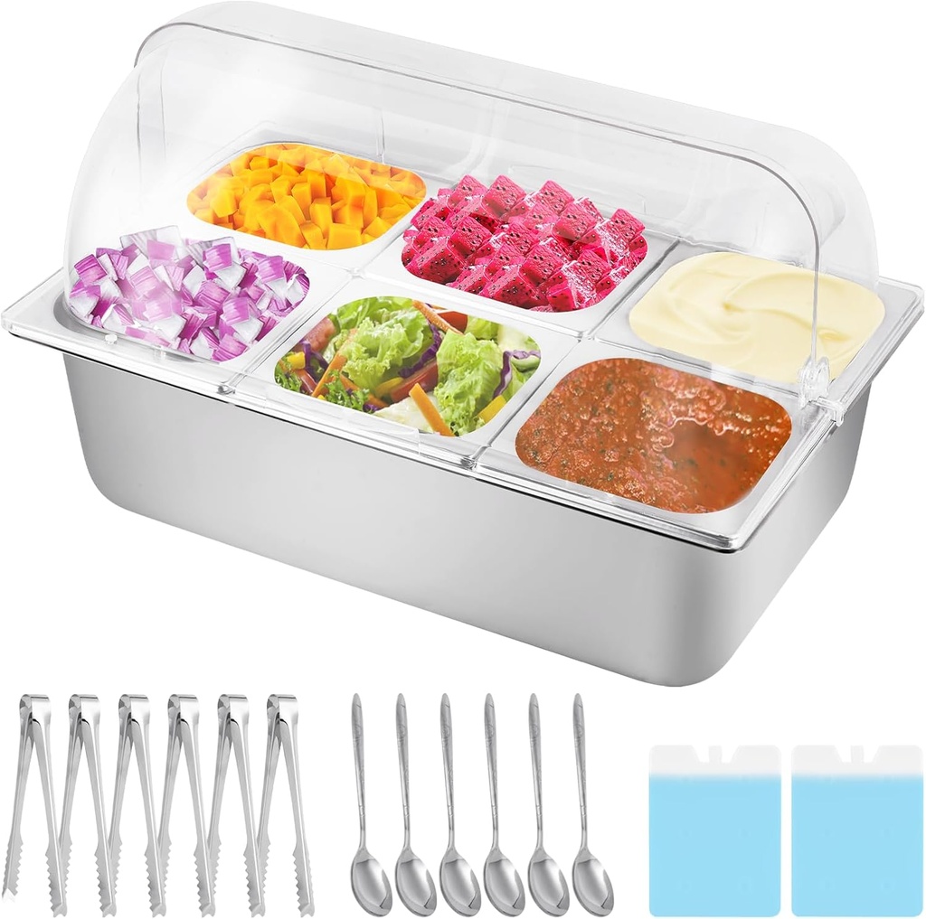 Countertop Ice Food Serving Display Container 6 Pans 2 Ice Packs Cooled Condiment Dispenser Salad Dressing Cold Serving Appetizer Cooler Spice Food Display Rack Sauce Organizer for Buffet
