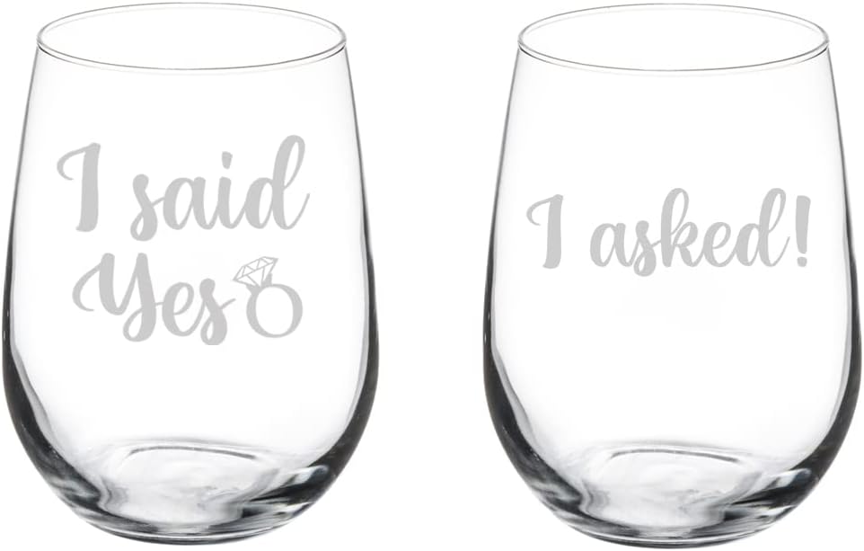 MIP Set of 2 Wine Glass Goblet Gift I Asked I Said Yes Engagement (17 oz Stemless)