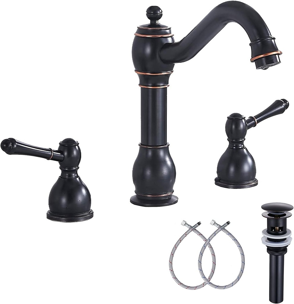 GGStudy Bathroom Faucet Oil Rubbed Bronze Brass 2 Handles 3 Holes Widespread Bathroom Sink Faucet 8inch Washingroom Faucet with Pop Up Drain