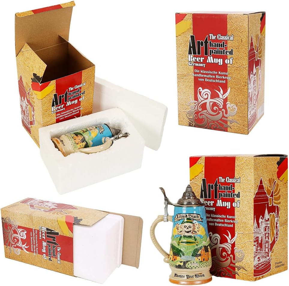 German Beer Stein with Pewter Lid, 27 oz Ceramic Tankard, 5.5 x 3.9 x 5.1 inches, Decorative Skull Design