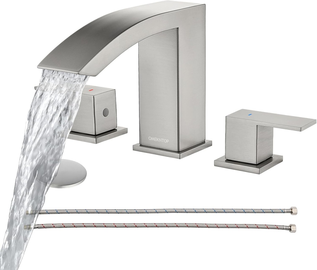 8 Inch Waterfall Bathroom Faucet, Brushed Nickel, 3 Hole Widespread with Pop Up Drain and Hose, Two Handles for Basin Lavatory Vanity