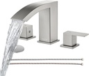 8 Inch Waterfall Bathroom Faucet, Brushed Nickel, 3 Hole Widespread with Pop Up Drain and Hose, Two Handles for Basin Lavatory Vanity
