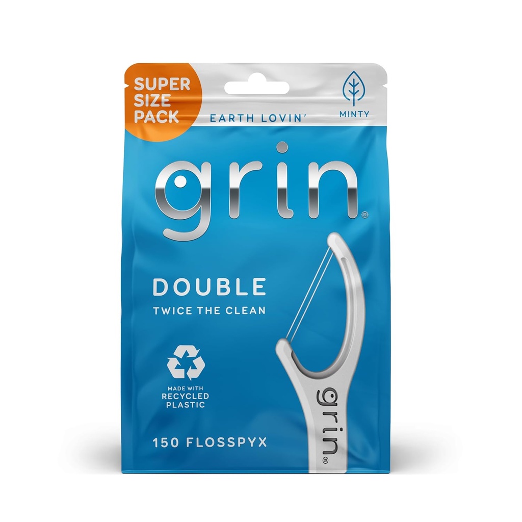 GRIN Double Flosspyx, Floss Picks, 150 ct, Dental Flossers, Minty Flavor, Recycled Plastic, 2 Lines of Strong Floss, Longer Floss Head, Traps Food and Plaque, Includes Safe Soft Fold-Back Tooth Pick