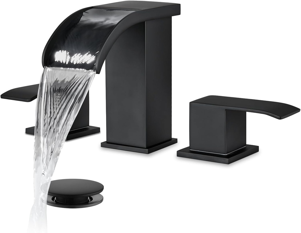 gotonovo Waterfall 8 inch Widespread Bathroom Faucet Set Bathroom Sink Faucet 3 Hole 2 Handle Vanity Lavatory Deck Mount with Pop Up Drain and Water Supply Lines Square Body Matte Black