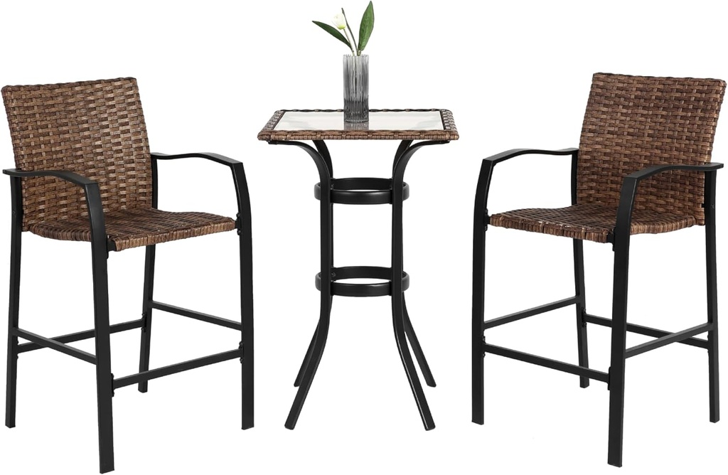 Patio Bar Table and Chairs Set 3 Piece Wicker Bar Height Bistro Furniture Outdoor 26" Bar Stool Set for 2 Metal Frame Glass Tabletop Conversation Set for Backyard Poolside Balcony