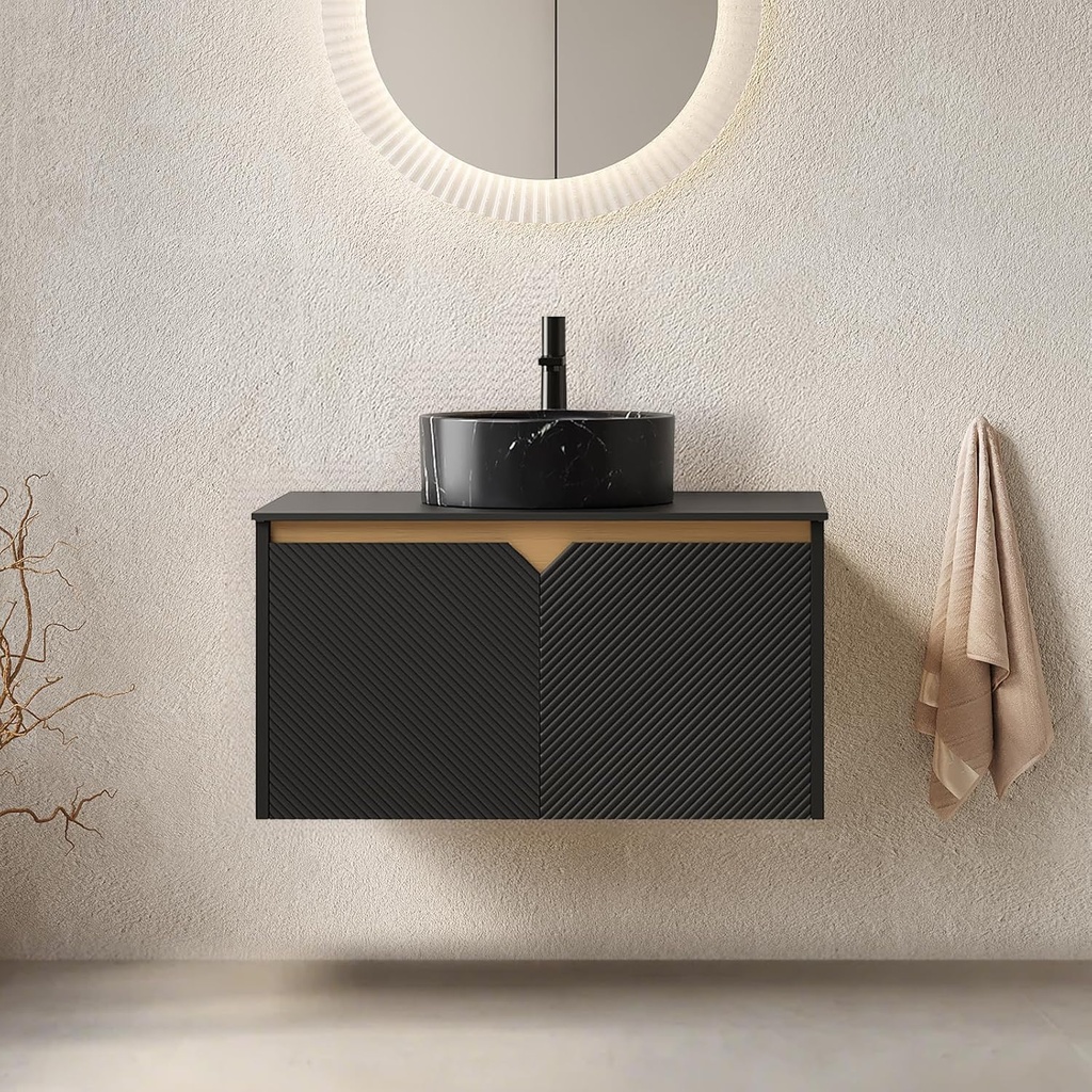 LKTART Floating 30 Inch Bathroom Vanity with Sink, Modern Wall Mounted Bathroom Storage Cabinet, Metal Stripes and 2 Doors, Black Ceramic Sink with Stone Pattern and Black Sintered Stone Top