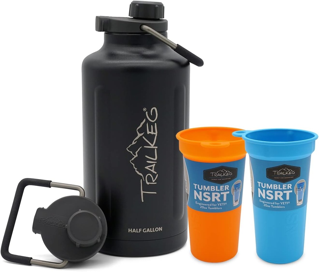 TrailKeg 1/2 Gallon Sports Water Bottle and TrailKeg Tumbler NSRT bundle, Vacuum Insulated Stainless Steel, Wide Mouth Metal Jug and 20oz Food Grade Silicone Tumbler Cup Insert