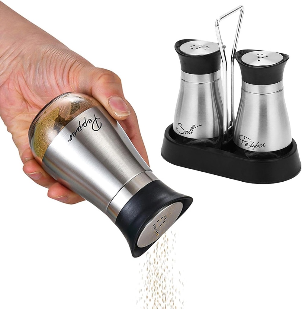 Salt and Pepper Shakers Set with Holder, Stainless Steel Spice Dispenser Salt Containers, Refillable Kitchen Gadgets Cute Salt Shaker for Table RV Camp BBQ, Clear Glass Bottoms(Silver)