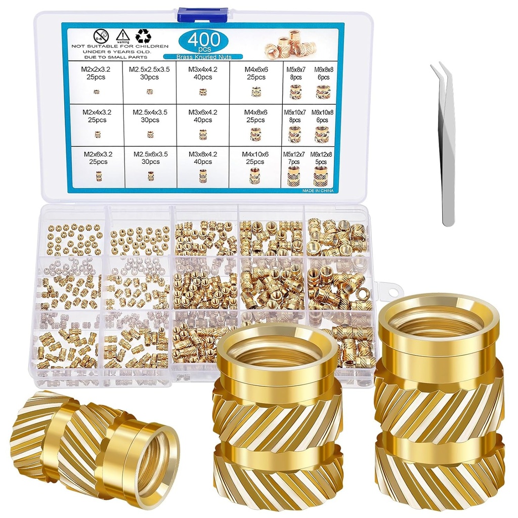 Pengxiaomei 400 Pcs Threaded Inserts for Plastic M2 M2.5 M3 M4 M5 M6 Heat Set Insert Metric Knurled Nuts Inserts Brass Female Thread for 3D Printing Automotive Plastic Shell