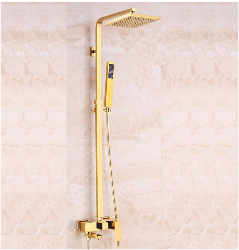 8 Inch Gold Square Shower System with Cold and Hot Water, 3 Function Water Outlet Bathroom Rain Mixer Shower Combo Set with Top Shower, Handheld Shower, Bathtub Faucet