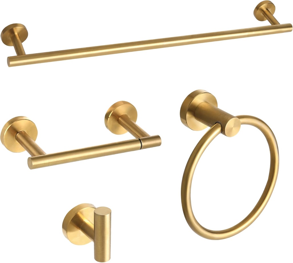 Brushed Gold Bathroom Hardware Accessories Set 4 Pieces,Towel Bar Set Stainless Steel Wall Mounted, Includes 24 in Hand Towel Bar, Towel Ring Holder,Toilet Paper Holder, Bathroom Towel Rack Set Gold