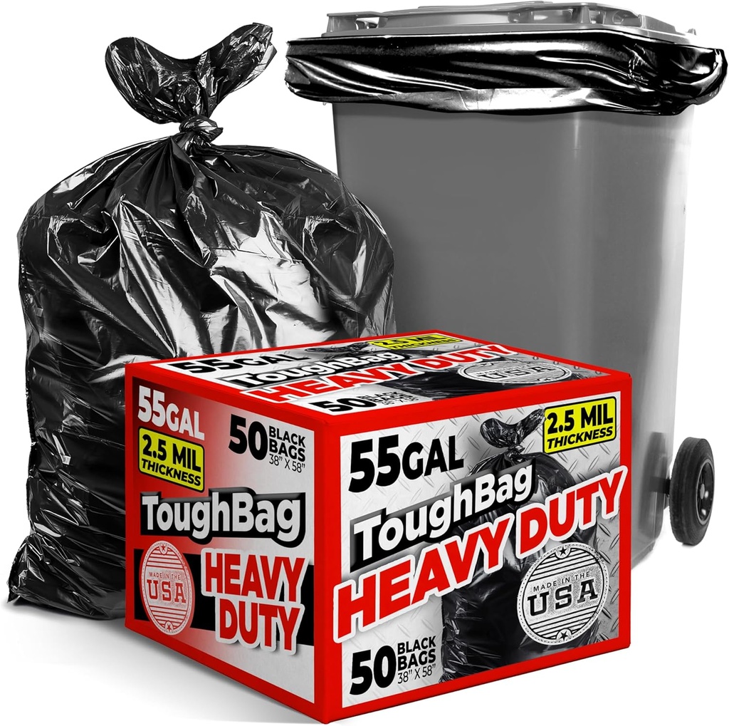 ToughBag 55 Gallon Trash Bags, 2.5 Mil Contractor Bags - 50 Count, Large 55-60 Gallon Trash Can Liners, Black Contractor Garbage Bags, 38 x 58" - Made in USA