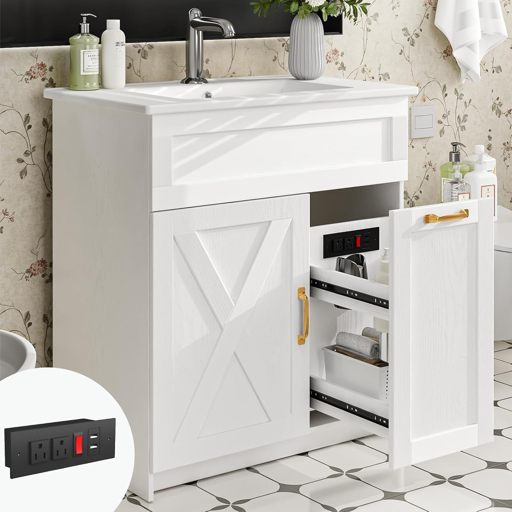 30" Bathroom Vanity with Sink, Farmhouse Bathroom Cabinet, Bathroom Vanity Set with Hair Tool Organizer & Power Outlets, Freestanding Bathroom Vanities with Metal Handle, White