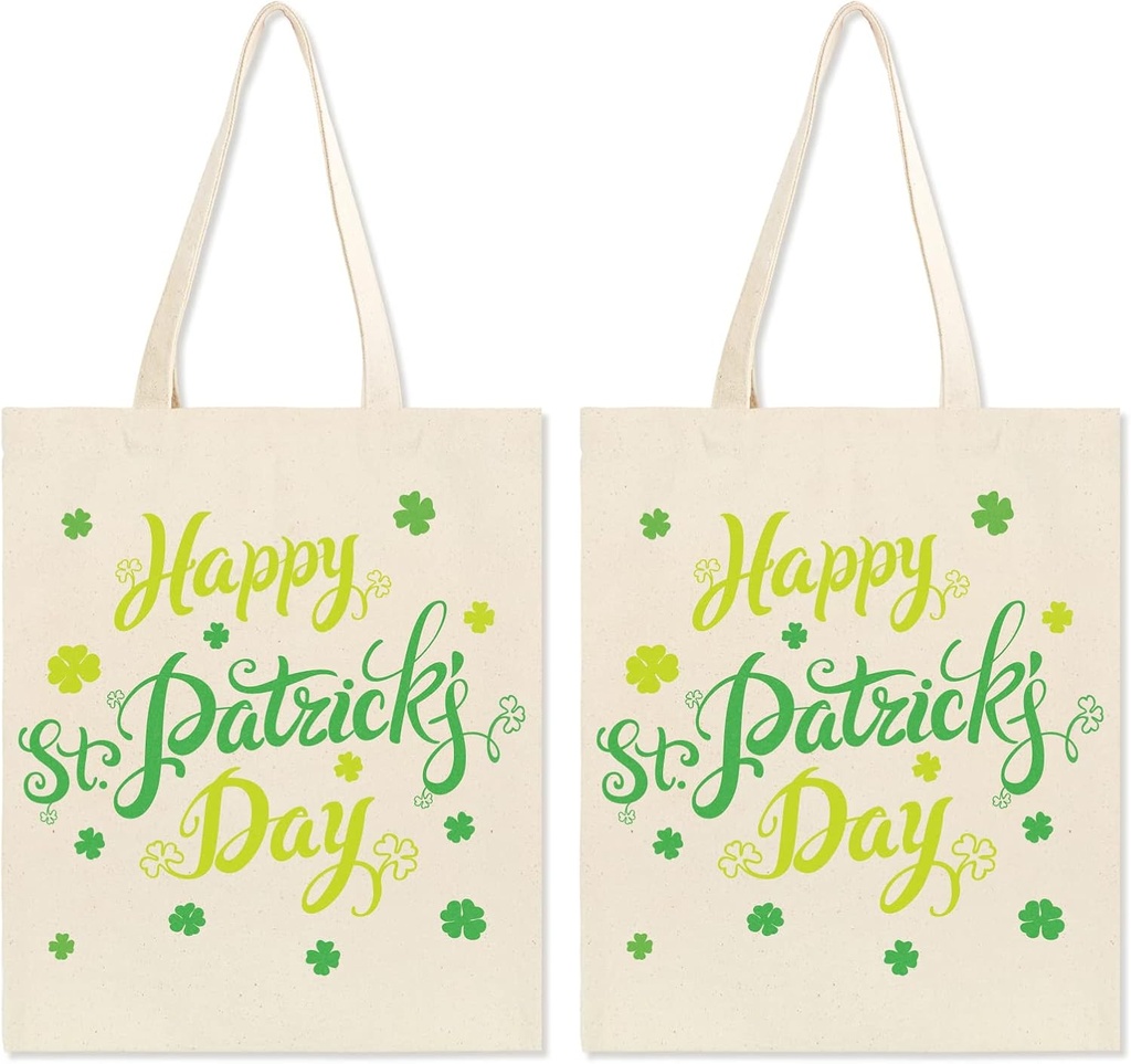 Whaline 2Pcs St. Patrick's Day Canvas Tote Bags Green Shamrock Grocery Bags Happy St. Patrick's Day Party Gift Goodie Bags Reusable Shoulder Bags for Grocery Shopping Supplies, 13.4 x 15.8inch